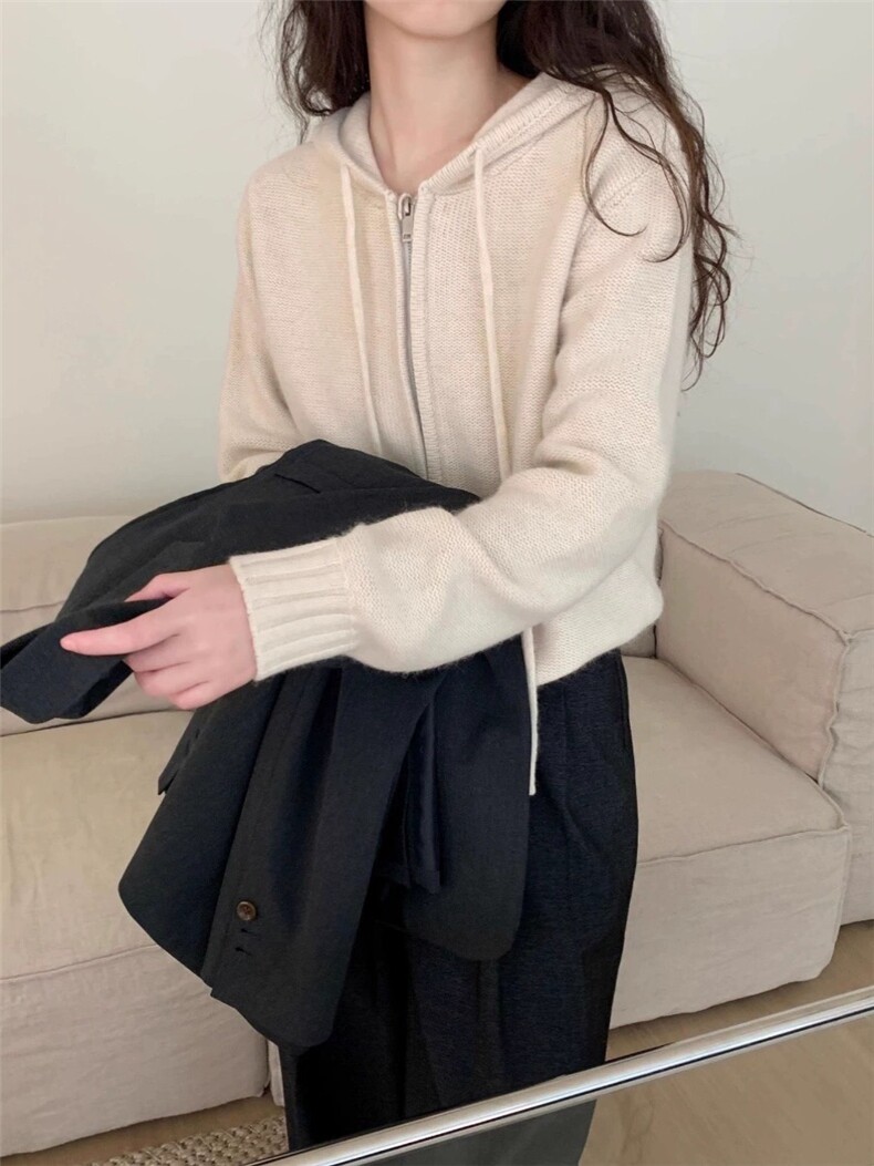 开衫女圆领纯色秋冬新款百搭外套连帽拉链羊毛针织上衣,女装羊毛衫,思途羊绒
