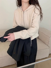 开衫女圆领纯色秋冬新款百搭外套连帽拉链羊毛针织上衣，女装羊毛衫，思途羊绒