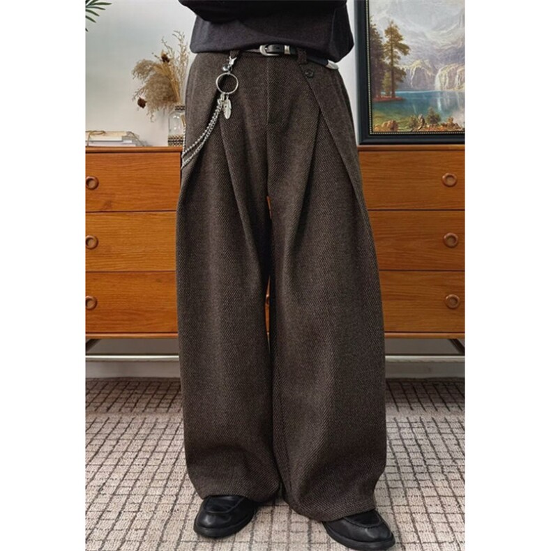 设计感打褶呢料休闲西裤男老钱风cleanfit宽松秋冬阔腿裤XH918,男装西裤,星座1116A（原606A-3）