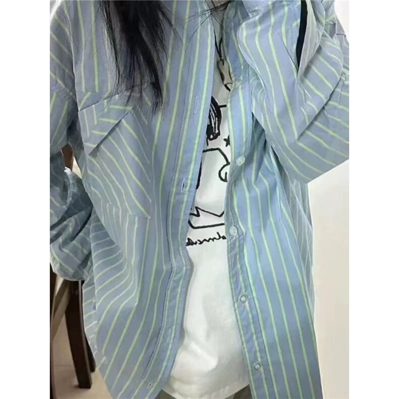 条纹衬衫女2025春夏新款蓝色条纹高级感别致宽松防晒叠穿衬衣外套,男装防晒衣,星座1210-1