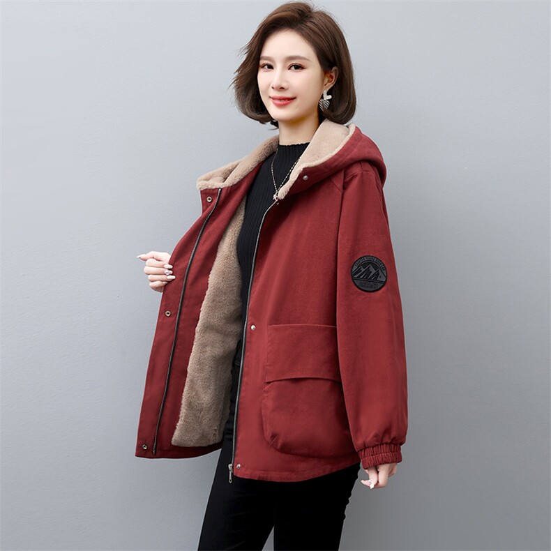 2022冬季新款派克服加绒加厚外套女连帽大口袋休闲外套,女装派克服,忆绮罗