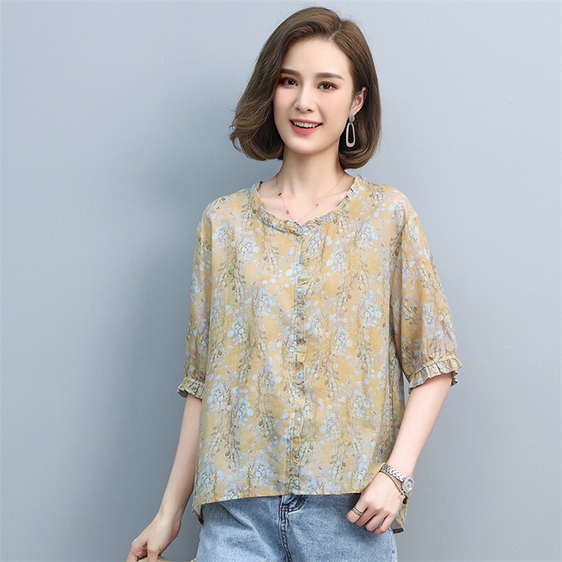 2021夏季新款时尚气质花边领宽松休闲舒适花色上衣,女装T恤,悦见她