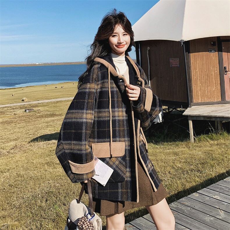 新款格子撞色双面毛呢大衣，女装毛呢外套，浙宝099