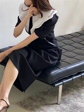 【DAVIDA】法式优雅拼色大翻领连衣裙，女装连衣裙，DAVIDA