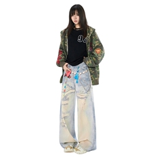 美式潮牌卡通3D涂鸦做旧休闲牛仔裤男女潮流直筒裤子YD9060-P75，男装牛仔裤，星座509