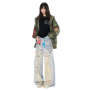 美式潮牌卡通3D涂鸦做旧休闲牛仔裤男女潮流直筒裤子YD9060-P75图片
