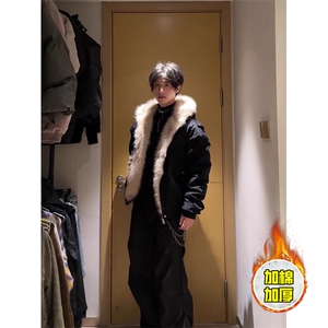 现货高品质美式高街冬季重磅硬挺短款座山雕毛领棉衣男女加厚外套图片
