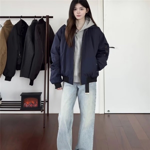 美式复古藏青色飞行夹克外套女潮牌高级感t翻领短款棒球服图片