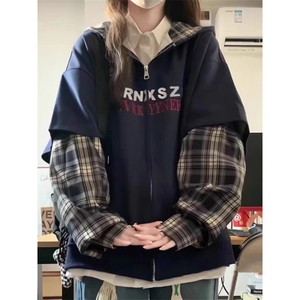 F241014-P85 美式大码假两件拼接格子连帽拉链卫衣 设计感潮外套图片