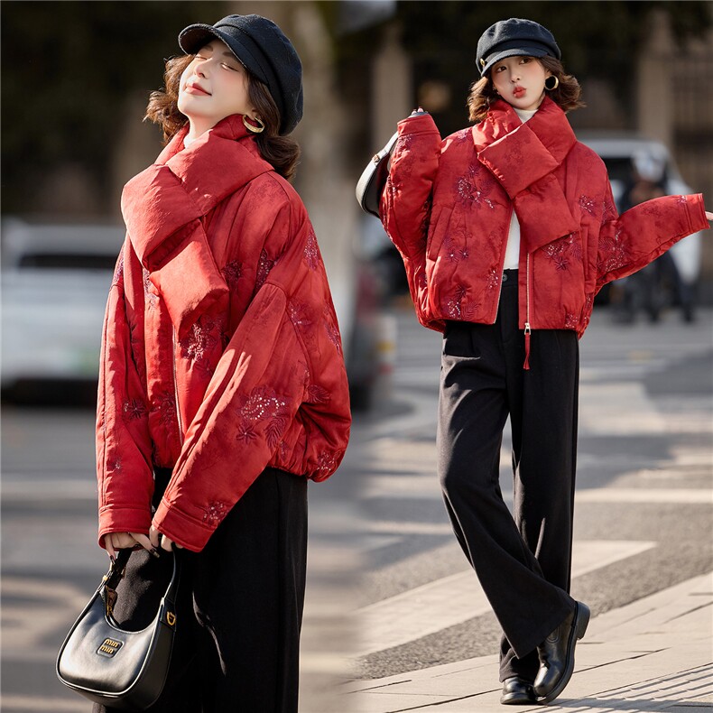 水衣源889款刺绣带围脖短款夹棉棉服外套女，女装棉衣/棉服，水衣源