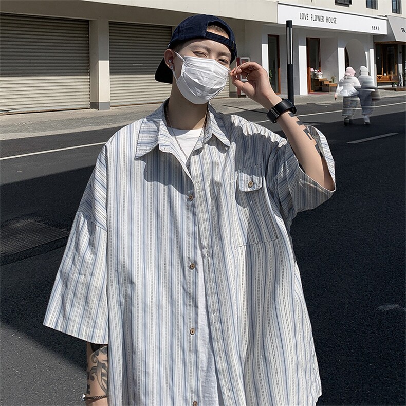 日系条纹衬衫短袖男夏季高级设计感外套潮牌痞帅港风衬衣CS07-P35,男装衬衫,星座308B-1