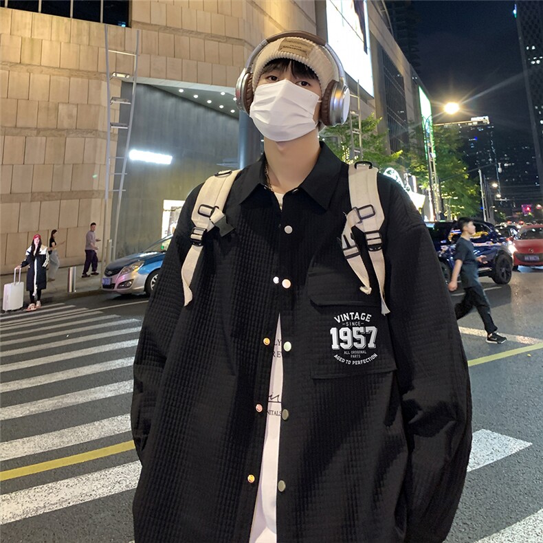 港风24春季新款面包格印花宽松翻领衬情侣衫外套S91P45控68,男装衬衫,电商A247