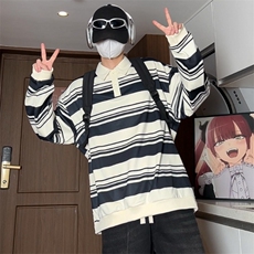 日系条纹POLO衫卫衣男春秋潮牌宽松休闲百搭情侣卫衣上衣8825/P40，男装Polo衫，星座506