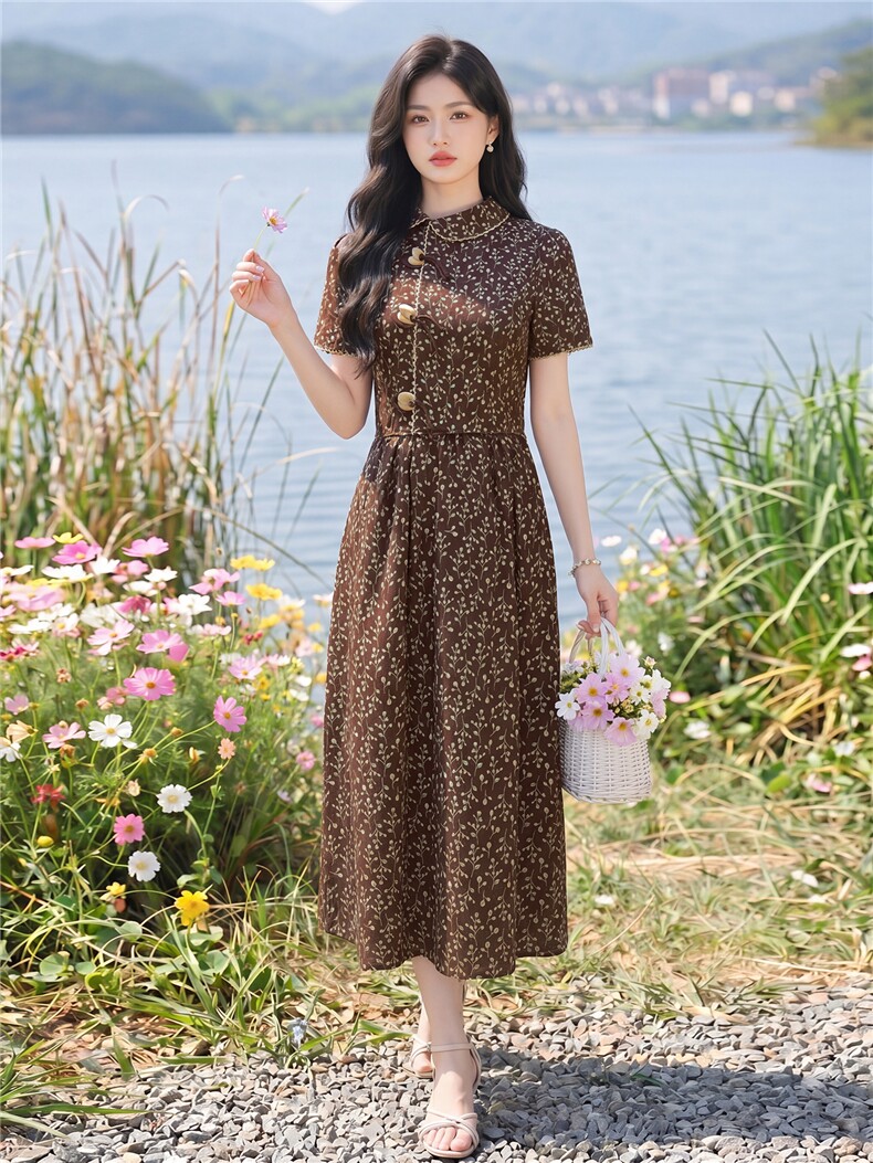 全棉碎花连衣裙夏季新款收腰显瘦田园风优雅裙子,女装连衣裙,水衣源