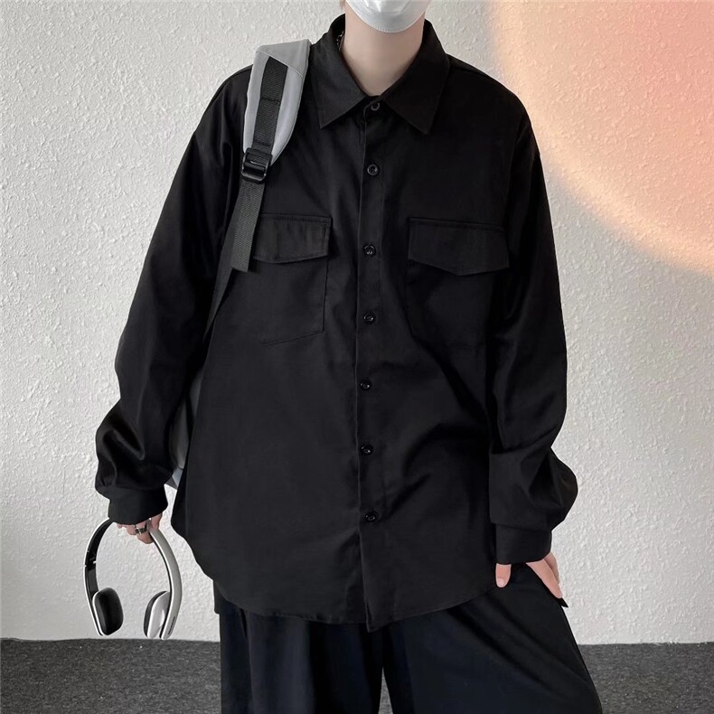 日系工装衬衫男长袖ins痞帅港风休闲衬衣宽松百搭黑色JC90P35,男装衬衫,星座1116-2
