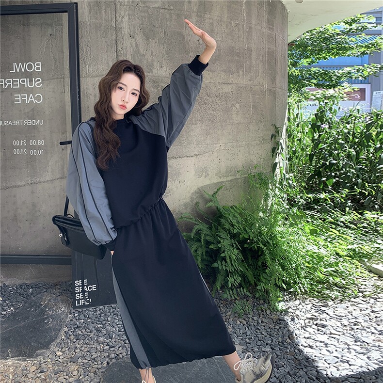 户外运动休闲卫衣套装裙女2025秋季新款宽松抽绳上衣半身裙两件套,女装套装/套裙,2C098
