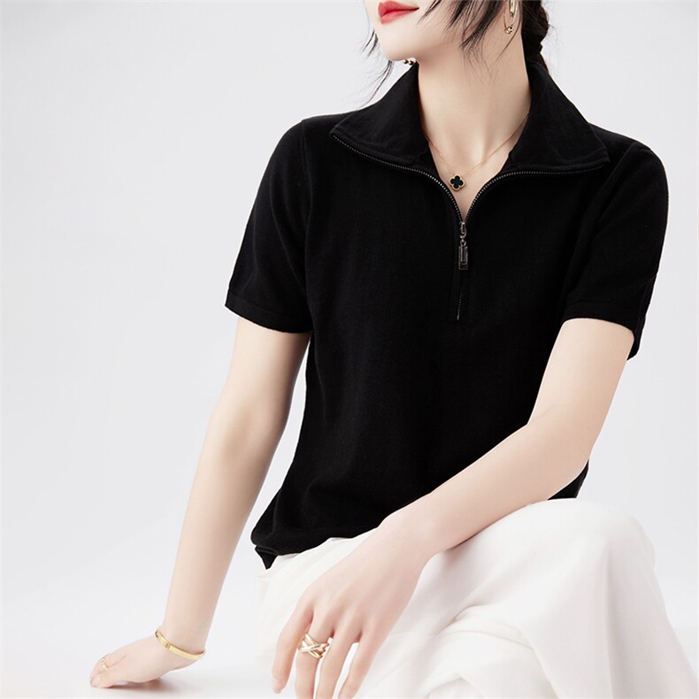 纯棉线针织拉链半开领短袖T恤女2025夏薄透气小衫上衣polo翻领t恤,女装T恤,丽特绒