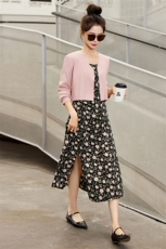 2024新款针织外套+印花吊带长裙显瘦两件套，女装连衣裙，安之芮娜