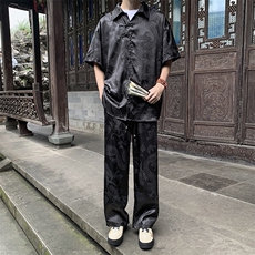 风夏男套装男龙纹衬衫短袖衬衫长裤唐装TZ60P70，男装衬衫，星座1013-1