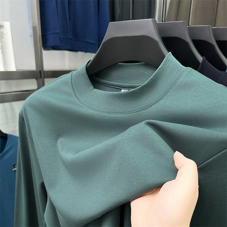 半高领纯色丝光棉长袖t恤男纯棉中领打底衫春秋男装基础内搭秋衣，男装T恤，电商B212（原钱塘6029）