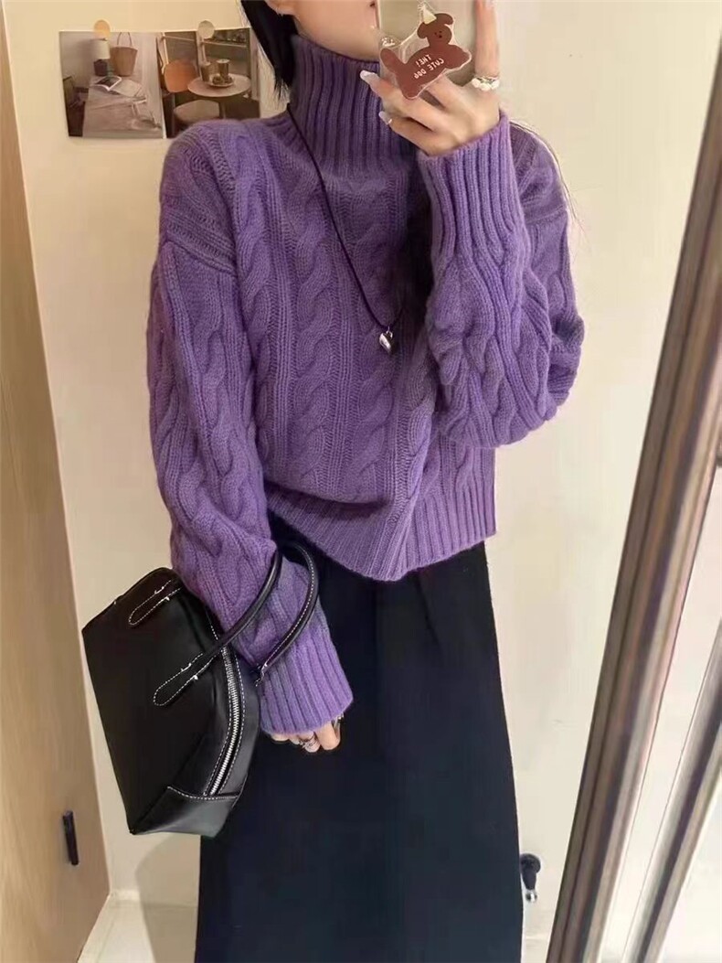 秋季新款舒适显瘦时尚百搭高领廓形麻花针织衫,女装羊毛衫,恒恩羊绒