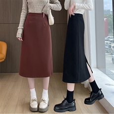安哥拉红半身裙女毛呢新款中长款小个子长裙开叉一步包臀裙，女装半身裙，云美莎专业女裤-全店现货