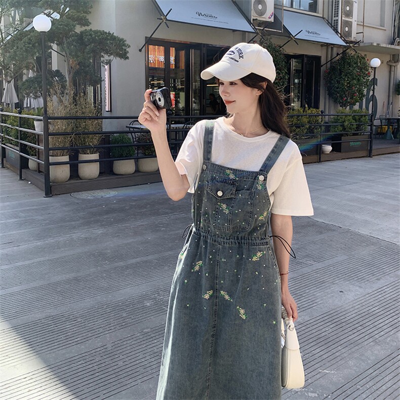 港风复古牛仔连衣裙女夏2024新款小个子收腰显瘦a字背带裙两件套,女装套装/套裙,浪娴服饰