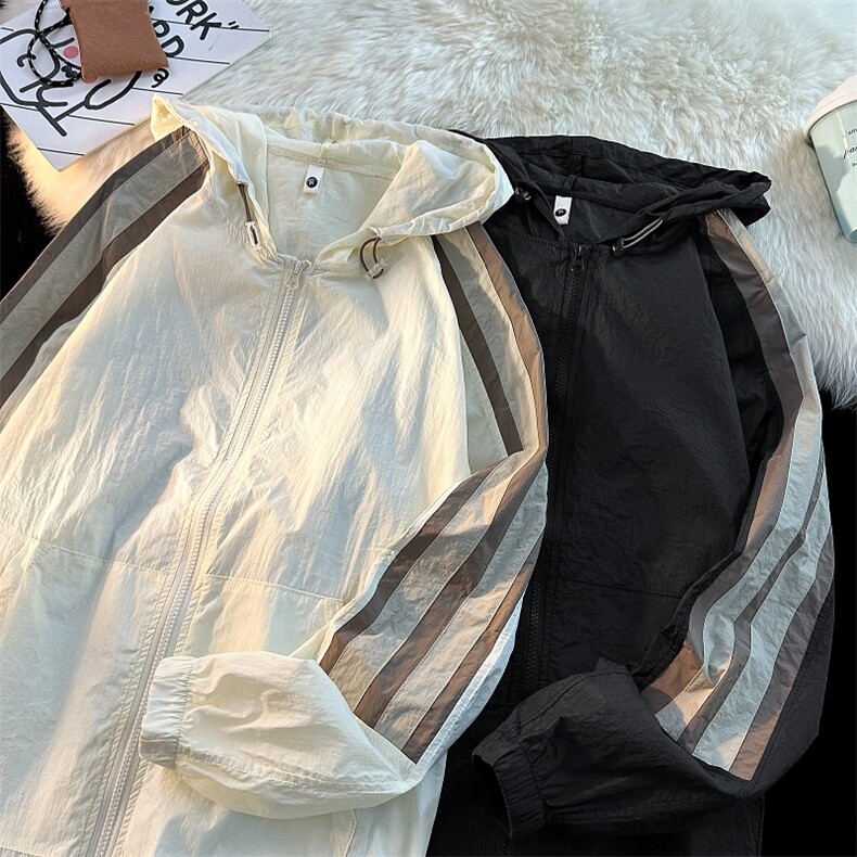 高品质夏男连帽防晒衣条纹拼色冰丝褶皱拉链夹克外套FS02P50，男装防晒衣，星座1013-1