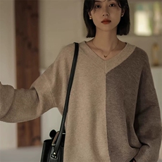 秋季新款拼色针织v领套头上衣时尚百搭，女装针织衫/毛衣，泰沅羊绒