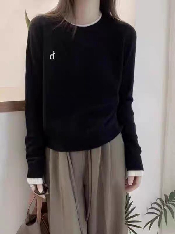灰色圆领拼色假两件针织衫女秋冬新款韩系羊毛衫宽松打底衫毛衣,针织衫/毛衣,美莎羊绒