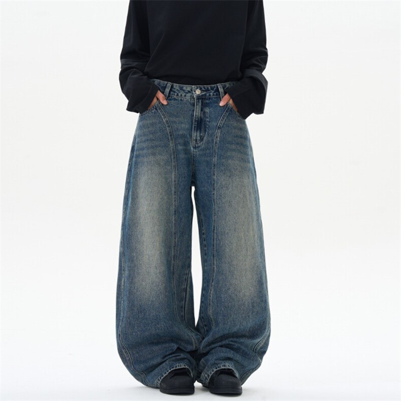 2025春夏美式复古怀旧水洗拼接牛仔裤男直筒宽松弯刀裤潮牌裤子，男装牛仔裤，星座301D-3