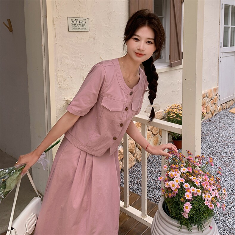 夏季新款减龄粉色套装裙显瘦百搭时尚两件套,女装套装/套裙,帛锦泉