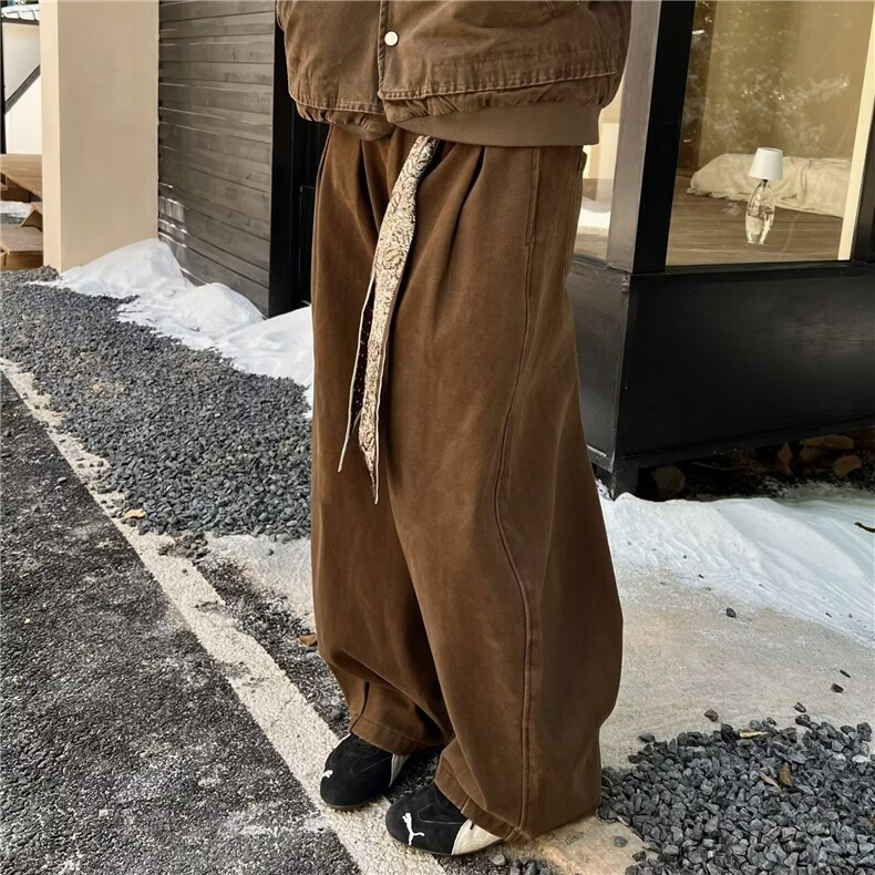 美拉德咖色高腰阔腿休闲男春秋2026新款宽松直筒慵懒风工装裤子,男装工装外套,星座506A