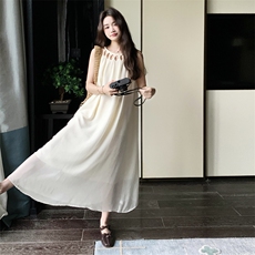 【夏季新款】米白色网纱挂脖连衣裙2C158-8670-P115-K168，女装连衣裙，2C158
