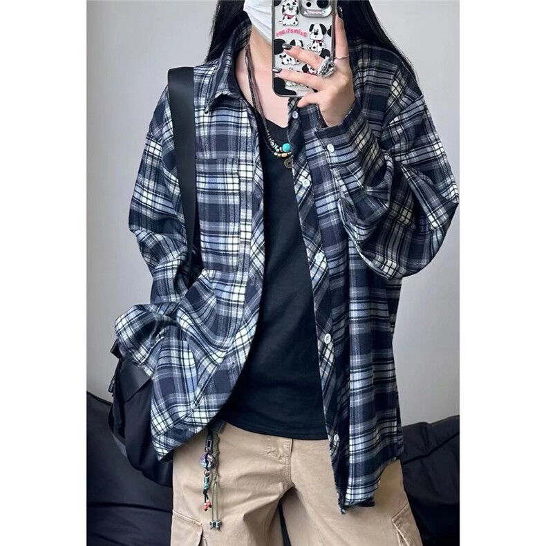 现货新款藏青色格子衬衫男女宽松学生长袖慵懒风美式复古衬衣外套,男装衬衫,星座302B-2