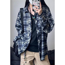 现货新款藏青色格子衬衫男女宽松学生长袖慵懒风美式复古衬衣外套，男装衬衫，星座302B-2