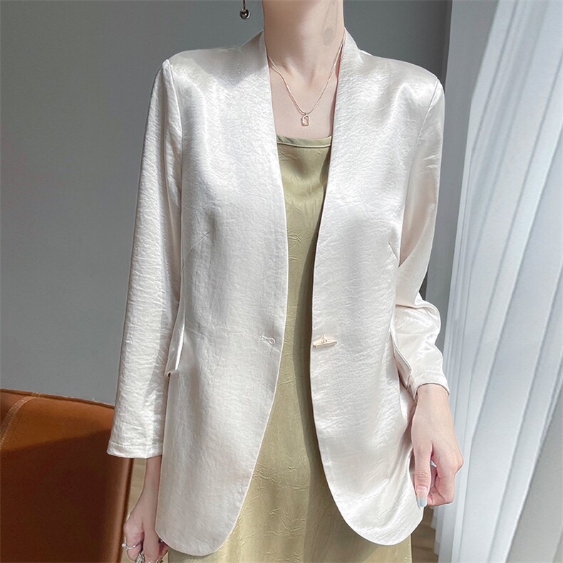 2025春夏新款西装开衫女V领醋酸缎面高级感西装宽松显瘦气质外套，女装西装，暖习羊绒