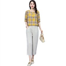夏季大码宽松简约时尚气质减龄格子短袖上衣+休闲裤两件套装女，女装套装/套裙，妃曼