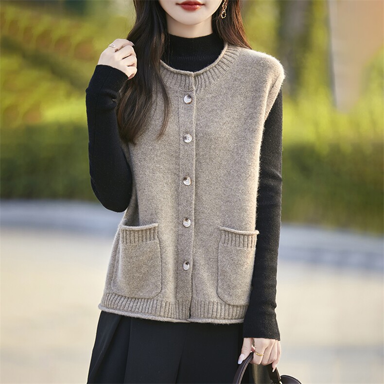 100纯羊毛针织坎肩女无袖开衫马甲2025新款七针加厚保暖外套上衣,女装马甲,暖烁羊绒