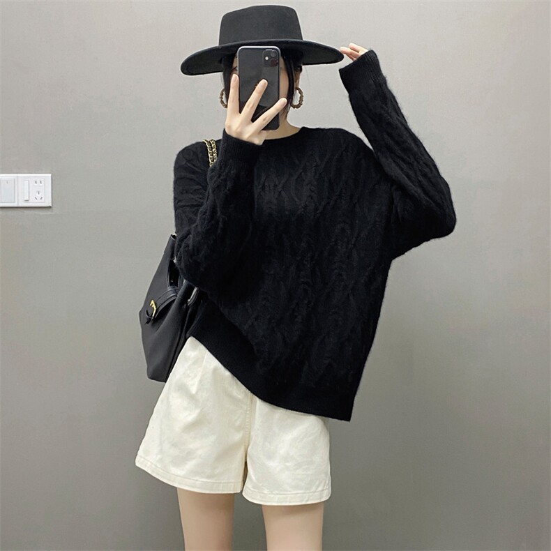 秋冬季女士小扭花圆领纯色简约35%羊绒衫打底，女装羊绒衫，织绒羊