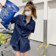 蓝色翻领牛仔短外套女2023春夏季新款韩版小个子炸街洋气时髦上衣，女装套装/套裙，菡迪欧娜