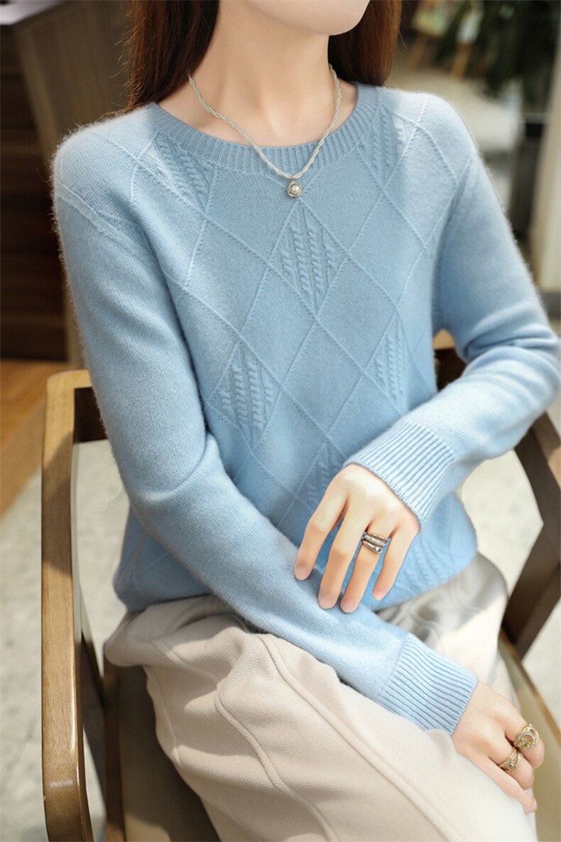 时尚百搭女士羊毛衫圆领菱形绞花设计简约纯色显瘦毛衣,女装羊毛衫,暮绒羊羊绒