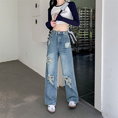 调节扣乞丐破洞阔腿牛仔裤女高街宽松直筒拖地裤子KK303-P50，男装牛仔裤，星座911-3