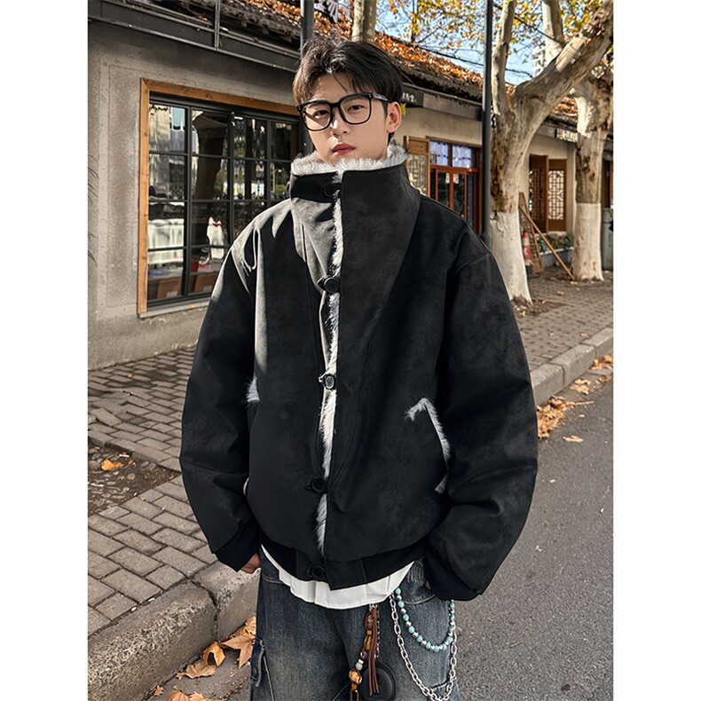 座山雕交襟扣高立领翻领皮棉衣仿水貂毛游牧加棉外套987P128，男装棉衣，电商A458A