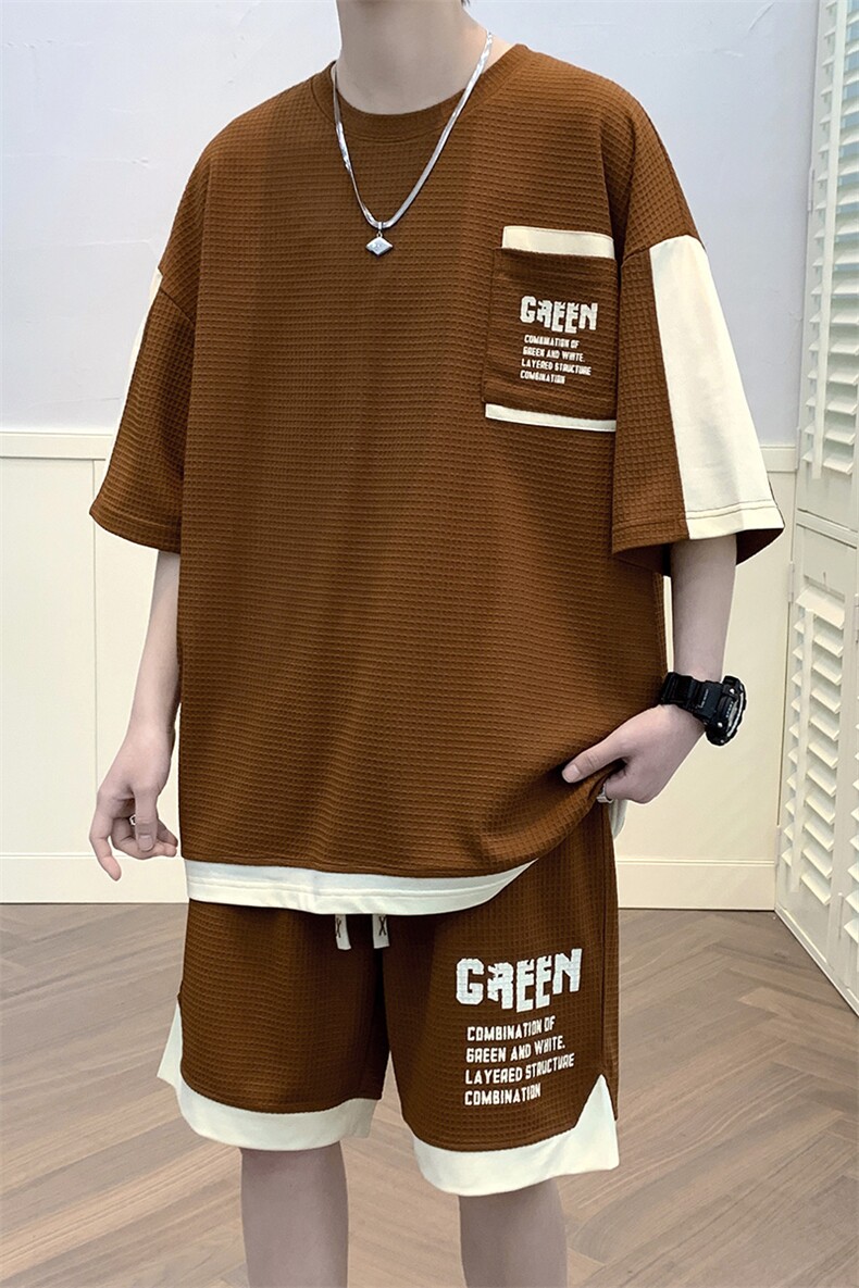 夏季港风运动休闲短袖T恤套装男个性印花情侣半袖两件套6618-P60,男装T恤,电商A441-1
