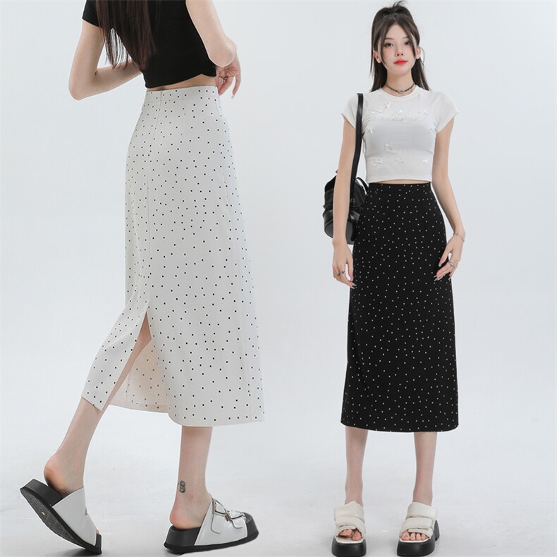 波点半身裙女夏季新款高腰显瘦包臀裙中长款开叉a字一步裙子，女装半身裙，梦白服饰厂