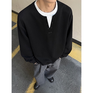 假两件亨利领卫衣男潮牌重磅设计感圆领上衣纯色简约宽松打底衫图片