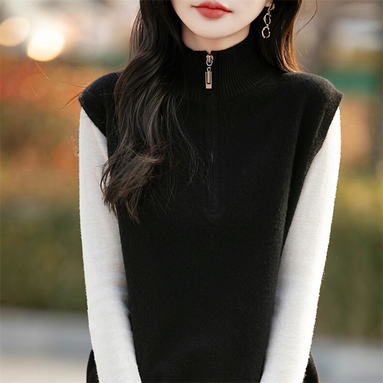 2025春秋新款羊毛马甲女高领半拉链加厚宽松毛衣坎肩上衣,女装马甲,哲奥羊绒