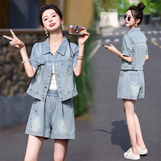 时尚牛仔阔腿短裤套装女夏2025新款洋气减龄复古牛仔小个子两件套，女装套装/套裙，意芙