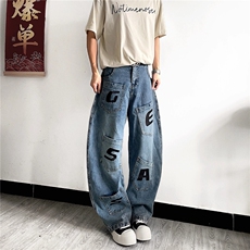 有货字母刺绣多口袋工装牛仔裤男女宽松阔腿弯刀裤N31-P53，男装牛仔裤，星座910B